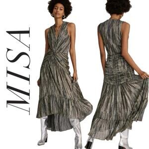 MISA Los Angeles MAXI DRESS METALLIC AVA PLUNGING TWIST RUCHED FLOWY STEAMPUNK